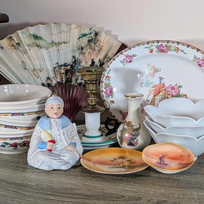 LOT:: 184K: Antique/Vintage Asian & Japanese Collection, German Bisque Porcelain Asian Nodder, Dishes, Plates, Bowls, Glenwood &...