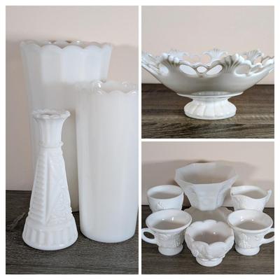 LOT 185K: Vintage Westmoreland Milk Glass Ring & Petal Fruit Bowl, Anchor Hocking Vases, Bowls, Dishes & Juice Glasses