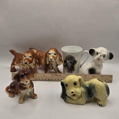 LOT 201F: Who Let the Dogs Out? 2 Hand-Painted Spaniel Figures, Windsor Cup w/Schnauzer Face, Hand-Painted 1950s Dachshund Figure,...