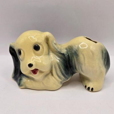 LOT 201F: Who Let the Dogs Out? 2 Hand-Painted Spaniel Figures, Windsor Cup w/Schnauzer Face, Hand-Painted 1950s Dachshund Figure,...