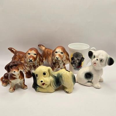 LOT 201F: Who Let the Dogs Out? 2 Hand-Painted Spaniel Figures, Windsor Cup w/Schnauzer Face, Hand-Painted 1950s Dachshund Figure,...