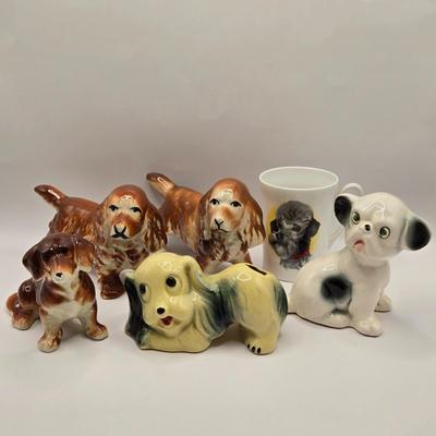 LOT 201F: Who Let the Dogs Out? 2 Hand-Painted Spaniel Figures, Windsor Cup w/Schnauzer Face, Hand-Painted 1950s Dachshund Figure,...