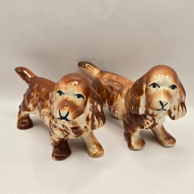 LOT 201F: Who Let the Dogs Out? 2 Hand-Painted Spaniel Figures, Windsor Cup w/Schnauzer Face, Hand-Painted 1950s Dachshund Figure,...