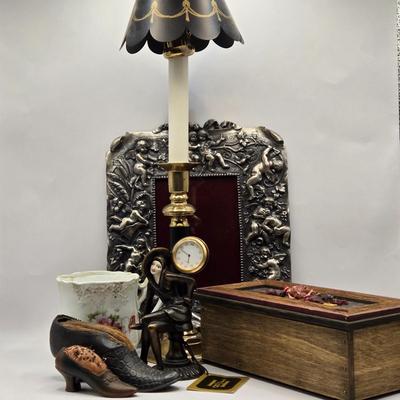 LOT 202D: Antique / Vintage Victorian Decor Collection: Signed Wooden Box, A Victor & Co Pin Cushion, Cherub Photo Frame & More