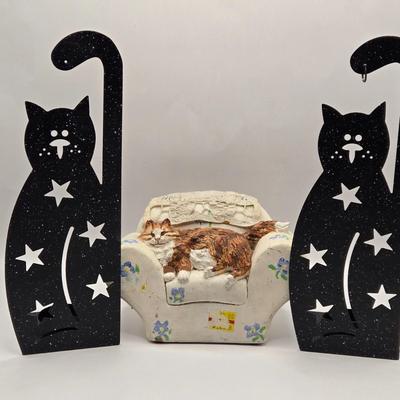 LOT 205D: Meow!! Hello Kitty Clock, 2 Vintage Possible Dreams Lady Ashley Cats, Lauren Marems Figurine, 2 Metal Tea Lite Candle...