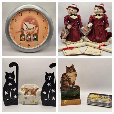 LOT 205D: Meow!! Hello Kitty Clock, 2 Vintage Possible Dreams Lady Ashley Cats, Lauren Marems Figurine, 2 Metal Tea Lite Candle...