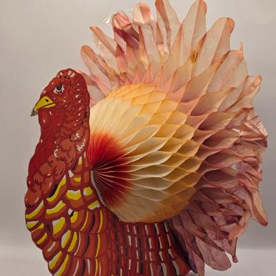 LOT 206K: A Little Spooky & a Little Thankful. 2 Vintage Fold Out Honeycomb Paper Turkeys, Light up Haunted House, Black Cat Plate,...
