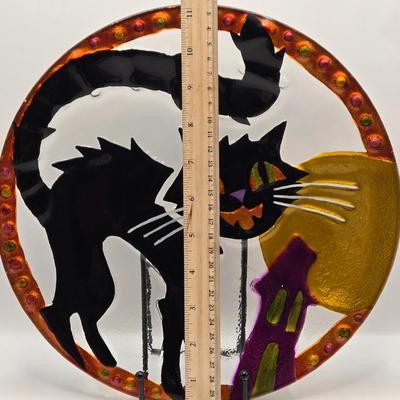 LOT 206K: A Little Spooky & a Little Thankful. 2 Vintage Fold Out Honeycomb Paper Turkeys, Light up Haunted House, Black Cat Plate,...