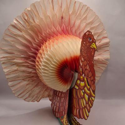 LOT 206K: A Little Spooky & a Little Thankful. 2 Vintage Fold Out Honeycomb Paper Turkeys, Light up Haunted House, Black Cat Plate,...