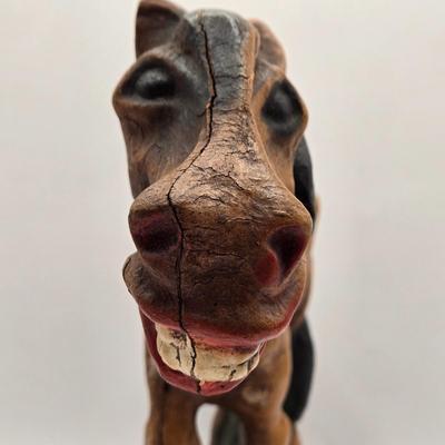 LOT 209K: Dominick the Donkey and His Friends. Wooden Mule with Big Smile, Alpaca Mom & Baby and Ceramic Donkey Made in Japan