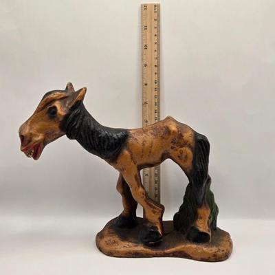 LOT 209K: Dominick the Donkey and His Friends. Wooden Mule with Big Smile, Alpaca Mom & Baby and Ceramic Donkey Made in Japan