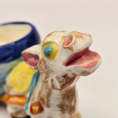 LOT 209K: Dominick the Donkey and His Friends. Wooden Mule with Big Smile, Alpaca Mom & Baby and Ceramic Donkey Made in Japan