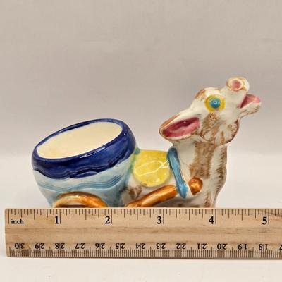 LOT 209K: Dominick the Donkey and His Friends. Wooden Mule with Big Smile, Alpaca Mom & Baby and Ceramic Donkey Made in Japan
