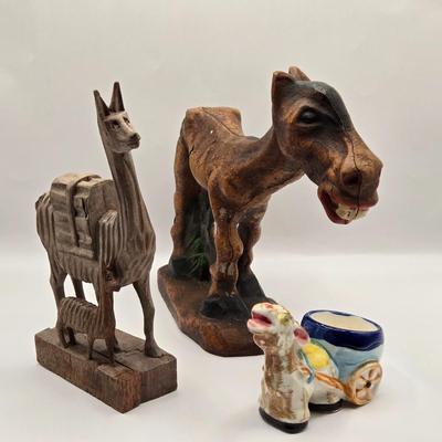 LOT 209K: Dominick the Donkey and His Friends. Wooden Mule with Big Smile, Alpaca Mom & Baby and Ceramic Donkey Made in Japan