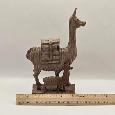 LOT 209K: Dominick the Donkey and His Friends. Wooden Mule with Big Smile, Alpaca Mom & Baby and Ceramic Donkey Made in Japan