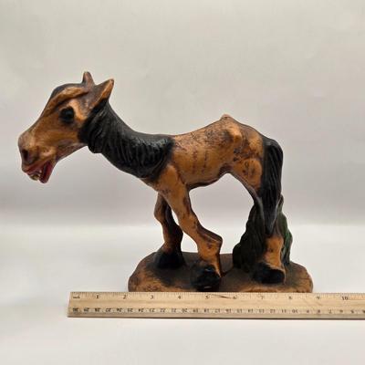 LOT 209K: Dominick the Donkey and His Friends. Wooden Mule with Big Smile, Alpaca Mom & Baby and Ceramic Donkey Made in Japan