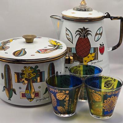 LOT 211K: MCM 1950s Georges Briard Enamel Coffee Pot &Cooking Pot and 3 Low Ball Glasses
