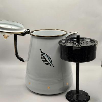 LOT 211K: MCM 1950s Georges Briard Enamel Coffee Pot &Cooking Pot and 3 Low Ball Glasses