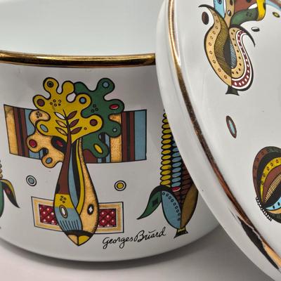 LOT 211K: MCM 1950s Georges Briard Enamel Coffee Pot &Cooking Pot and 3 Low Ball Glasses