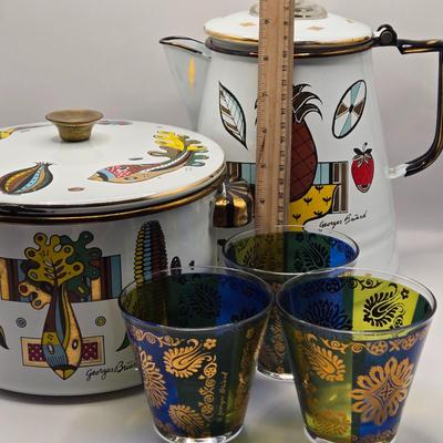 LOT 211K: MCM 1950s Georges Briard Enamel Coffee Pot &Cooking Pot and 3 Low Ball Glasses