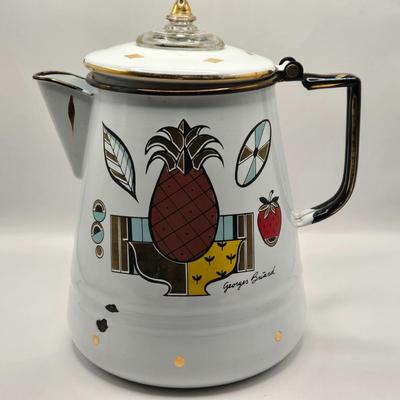 LOT 211K: MCM 1950s Georges Briard Enamel Coffee Pot &Cooking Pot and 3 Low Ball Glasses