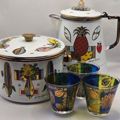 LOT 211K: MCM 1950s Georges Briard Enamel Coffee Pot &Cooking Pot and 3 Low Ball Glasses