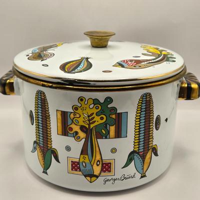 LOT 211K: MCM 1950s Georges Briard Enamel Coffee Pot &Cooking Pot and 3 Low Ball Glasses