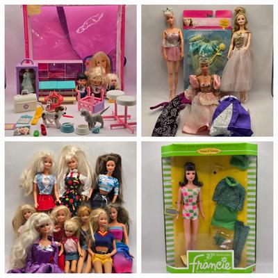 LOT 213D: I'm a Barbie Girl. Barbie Accessories, Carry Case, Multiple Barbie Dolls, and Vintage 30th Anniversary Francie Doll NIB
