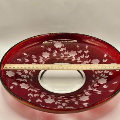 LOT 215D: Ruby Red and Clear Glass Centerpiece Bowl and Plate w/ Etched Floral Design