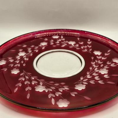 LOT 215D: Ruby Red and Clear Glass Centerpiece Bowl and Plate w/ Etched Floral Design