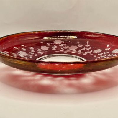 LOT 215D: Ruby Red and Clear Glass Centerpiece Bowl and Plate w/ Etched Floral Design