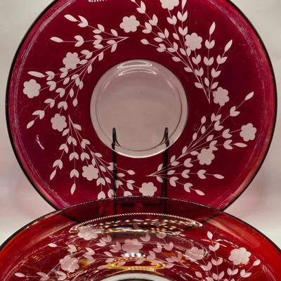 LOT 215D: Ruby Red and Clear Glass Centerpiece Bowl and Plate w/ Etched Floral Design