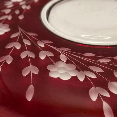 LOT 215D: Ruby Red and Clear Glass Centerpiece Bowl and Plate w/ Etched Floral Design