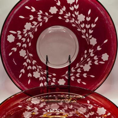 LOT 215D: Ruby Red and Clear Glass Centerpiece Bowl and Plate w/ Etched Floral Design