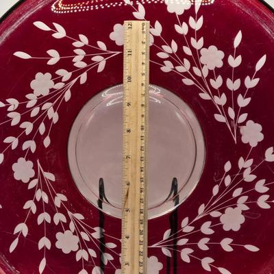 LOT 215D: Ruby Red and Clear Glass Centerpiece Bowl and Plate w/ Etched Floral Design