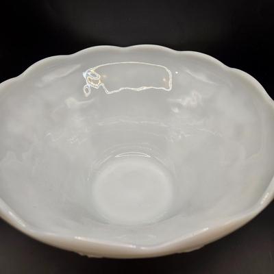LOT 218D: 1960s Milk Glass Harvest Grape Punchbowl w/ 12 Matching Cups and Smaller Milk Glass Bowl w/ 9 Additional Cups