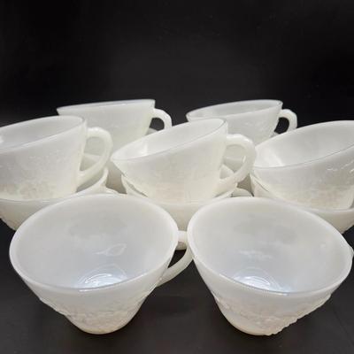 LOT 218D: 1960s Milk Glass Harvest Grape Punchbowl w/ 12 Matching Cups and Smaller Milk Glass Bowl w/ 9 Additional Cups