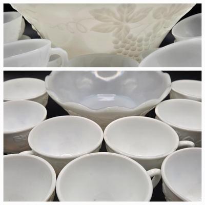 LOT 218D: 1960s Milk Glass Harvest Grape Punchbowl w/ 12 Matching Cups and Smaller Milk Glass Bowl w/ 9 Additional Cups