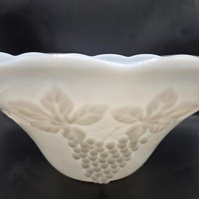 LOT 218D: 1960s Milk Glass Harvest Grape Punchbowl w/ 12 Matching Cups and Smaller Milk Glass Bowl w/ 9 Additional Cups