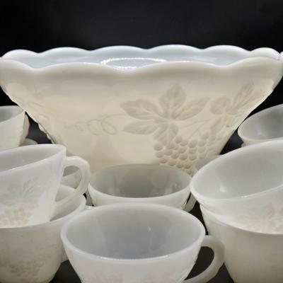 LOT 218D: 1960s Milk Glass Harvest Grape Punchbowl w/ 12 Matching Cups and Smaller Milk Glass Bowl w/ 9 Additional Cups