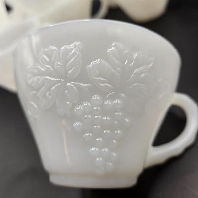 LOT 218D: 1960s Milk Glass Harvest Grape Punchbowl w/ 12 Matching Cups and Smaller Milk Glass Bowl w/ 9 Additional Cups