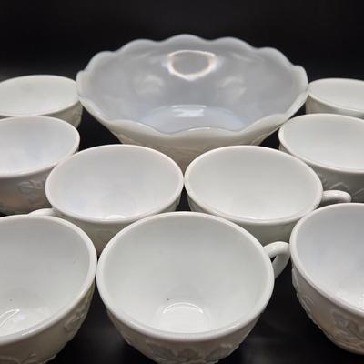 LOT 218D: 1960s Milk Glass Harvest Grape Punchbowl w/ 12 Matching Cups and Smaller Milk Glass Bowl w/ 9 Additional Cups