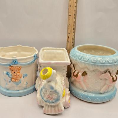 LOT 219D: Vintage 1950s Ceramic Train Nursery Planter, Carousel Nursery Planter, and Bear Nursery Planter