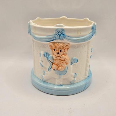 LOT 219D: Vintage 1950s Ceramic Train Nursery Planter, Carousel Nursery Planter, and Bear Nursery Planter