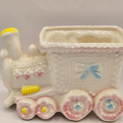 LOT 219D: Vintage 1950s Ceramic Train Nursery Planter, Carousel Nursery Planter, and Bear Nursery Planter