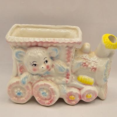 LOT 219D: Vintage 1950s Ceramic Train Nursery Planter, Carousel Nursery Planter, and Bear Nursery Planter