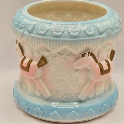 LOT 219D: Vintage 1950s Ceramic Train Nursery Planter, Carousel Nursery Planter, and Bear Nursery Planter