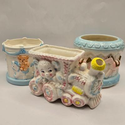 LOT 219D: Vintage 1950s Ceramic Train Nursery Planter, Carousel Nursery Planter, and Bear Nursery Planter