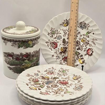 LOT 220D: Set of 6 Staffordshire Bouquet Dessert Plates and Johnson Bros. Canister w/Lid