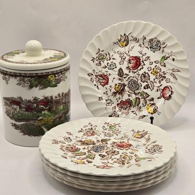 LOT 220D: Set of 6 Staffordshire Bouquet Dessert Plates and Johnson Bros. Canister w/Lid